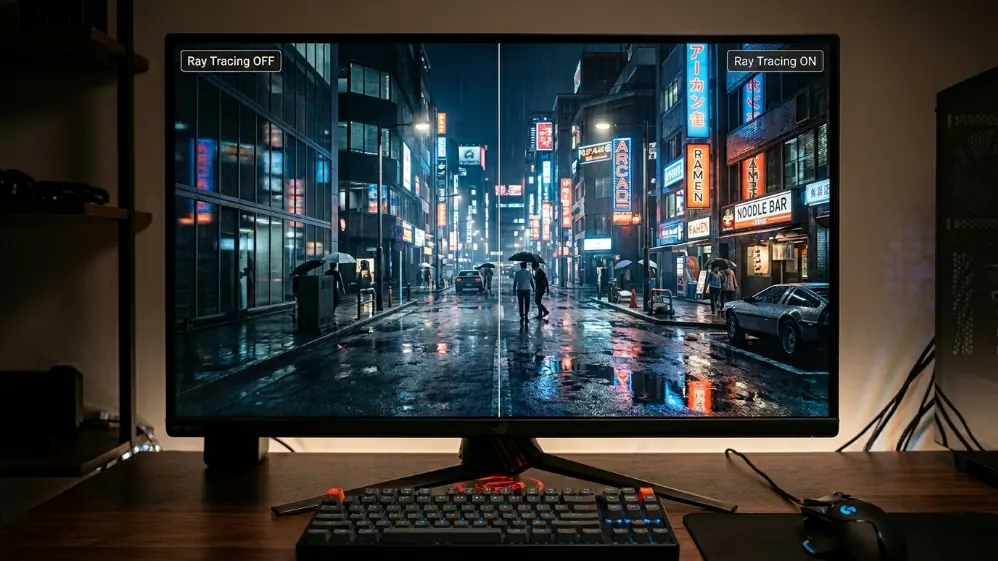 Monitor showing side-by-side comparison of ray tracing disabled versus enabled in urban night gaming scene with wet reflective surfaces