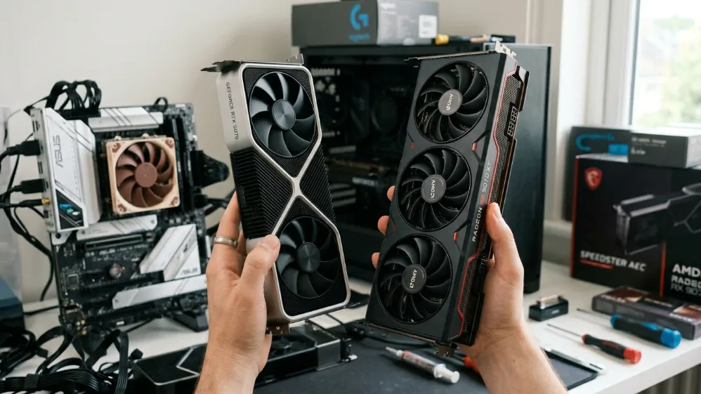 PC builder holding NVIDIA RTX 5070 in left hand and AMD RX 9070 XT in right hand side by side for direct comparison