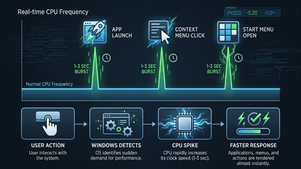 Diagram showing Windows 11 Low Latency Profile CPU frequency spike behavior during app launches and interface interactions