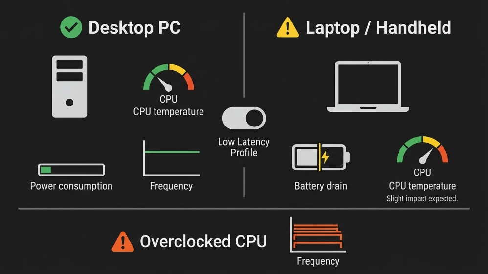  Comparison chart showing Windows 11 Low Latency Profile impact on desktop PCs, laptops, and overclocked systems