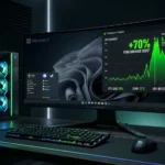 Windows 11 gaming PC setup showing Low Latency Profile performance boost with CPU frequency spike overlay displaying 70% improvement