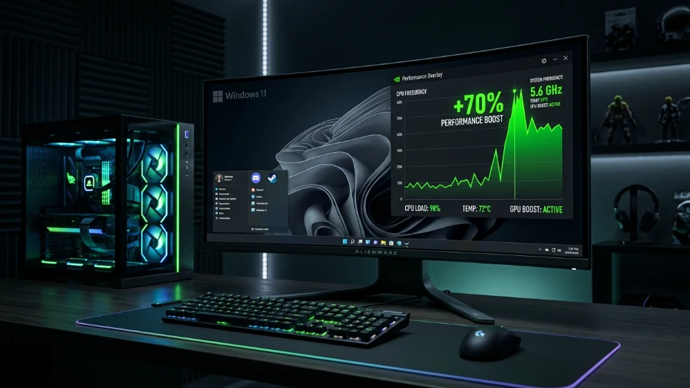 Windows 11 gaming PC setup showing Low Latency Profile performance boost with CPU frequency spike overlay displaying 70% improvement