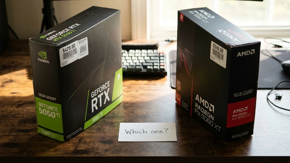 NVIDIA GeForce RTX 5060 Ti retail box at $429 and AMD Radeon RX 9060 XT retail box at $349 standing side by side on desk with handwritten "Which one?" card between them