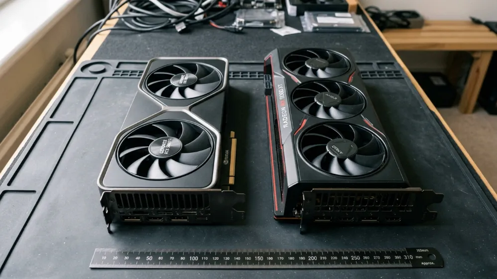 NVIDIA GeForce RTX 5060 Ti and AMD Radeon RX 9060 XT graphics cards side by side on dark anti-static mat showing mid-range GPU comparison