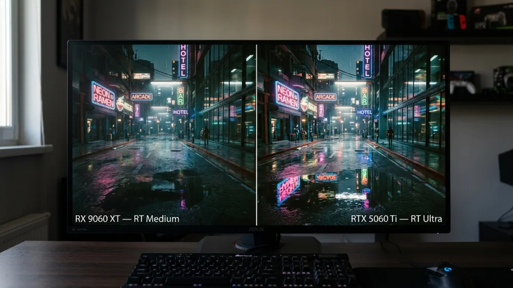 Gaming monitor showing split-screen ray tracing comparison between RX 9060 XT at medium RT settings and RTX 5060 Ti at ultra RT settings in rain-soaked night scene