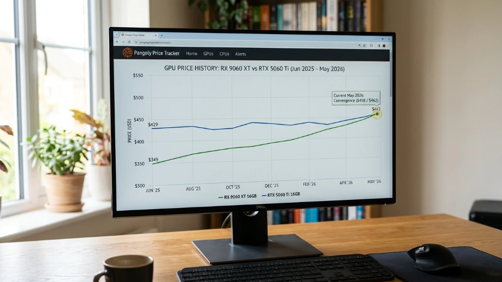 Price tracking chart showing RX 9060 XT 16GB and RTX 5060 Ti 16GB price convergence from June 2025 to May 2026 with both cards approaching similar street prices