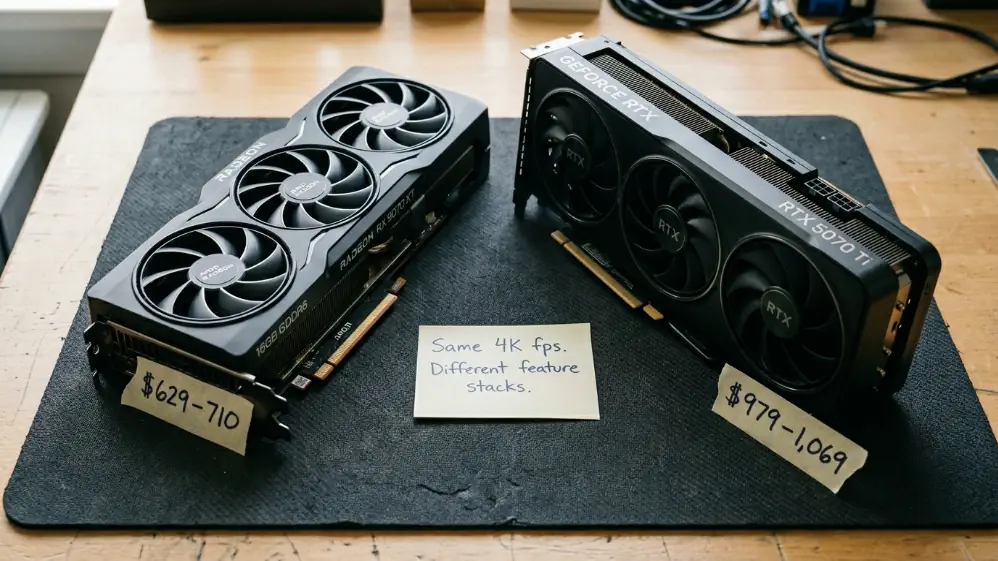 AMD Radeon RX 9070 XT at $629-710 and NVIDIA GeForce RTX 5070 Ti at $979-1069 side by side on anti-static mat showing 4K GPU comparison