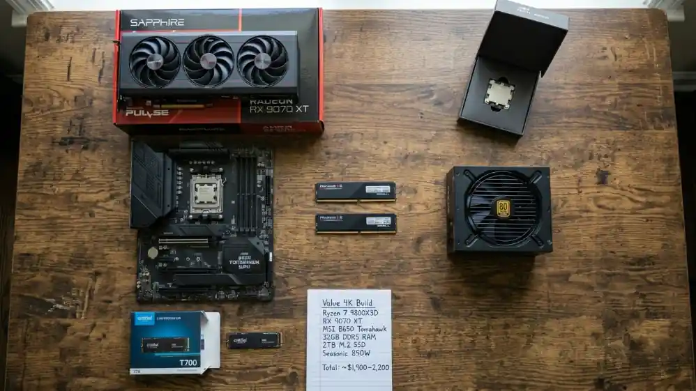 Flat-lay of all Value 4K gaming PC build components including RX 9070 XT GPU, Ryzen 9800X3D CPU, B650 motherboard, DDR5 RAM and handwritten parts list totaling $1900-2200