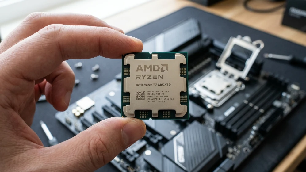 AMD Ryzen 7 9800X3D processor held above AM5 B650 motherboard socket showing the gaming CPU chosen for both value and premium 4K builds