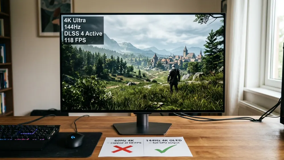 4K gaming monitor at 144Hz displaying 118 FPS with DLSS 4 active alongside desk sheet comparing 60Hz capped versus 144Hz full GPU output options