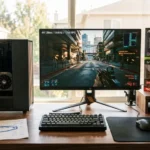 Complete 4K gaming PC setup with open mid-tower case showing installed GPU and 9800X3D beside 32-inch 4K monitor displaying 118 FPS at 144Hz with GPU retail boxes and PCPartPicker list on desk