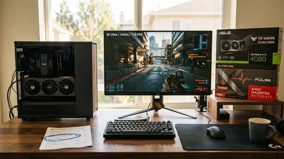 Complete 4K gaming PC setup with open mid-tower case showing installed GPU and 9800X3D beside 32-inch 4K monitor displaying 118 FPS at 144Hz with GPU retail boxes and PCPartPicker list on desk