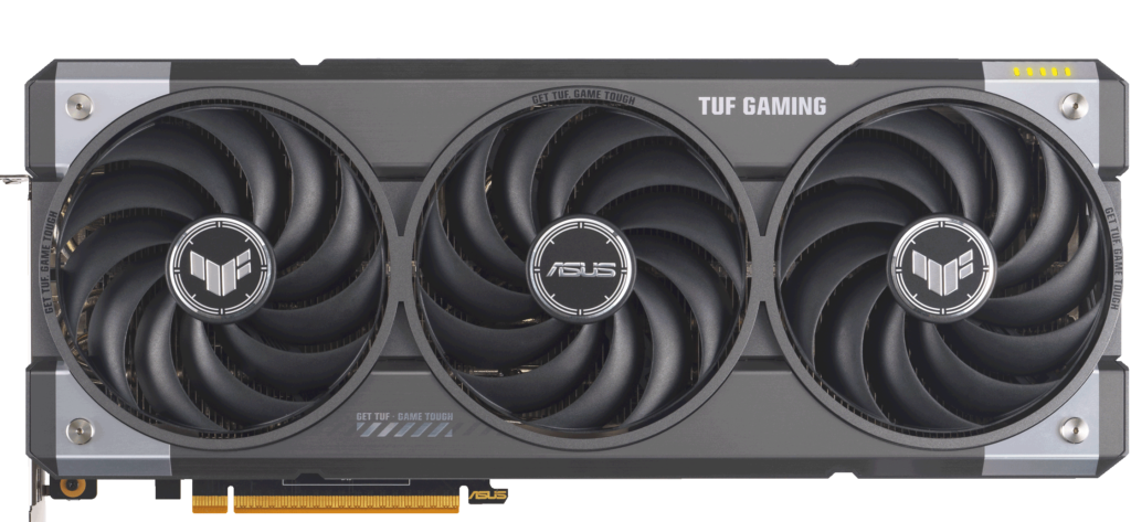 Asus TUF Gaming Radeon RX 9070 XT graphics card seen from the front with its three fans
