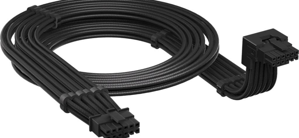 Corsair 12V-2x6 modular PSU cable coiled with its 12+4-pin connector head shown at a 90-degree angle