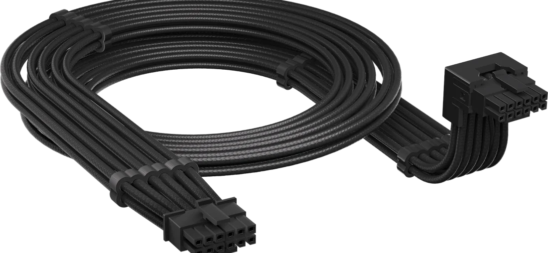 Corsair 12V-2x6 modular PSU cable coiled with its 12+4-pin connector head shown at a 90-degree angle