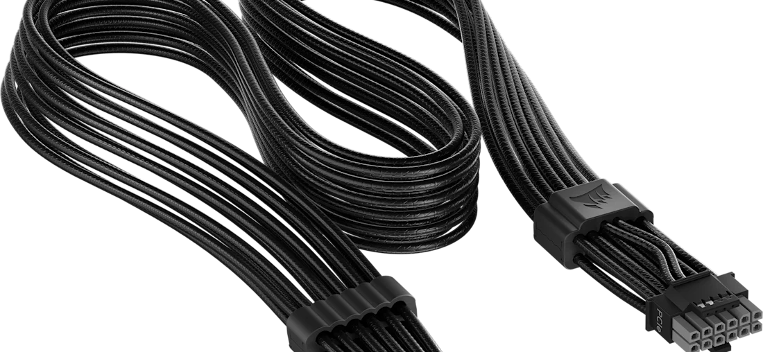 Close-up of a Corsair ThermalProtect 12V-2x6 PCIe power cable connector with dual input leads feeding a single 16-pin header