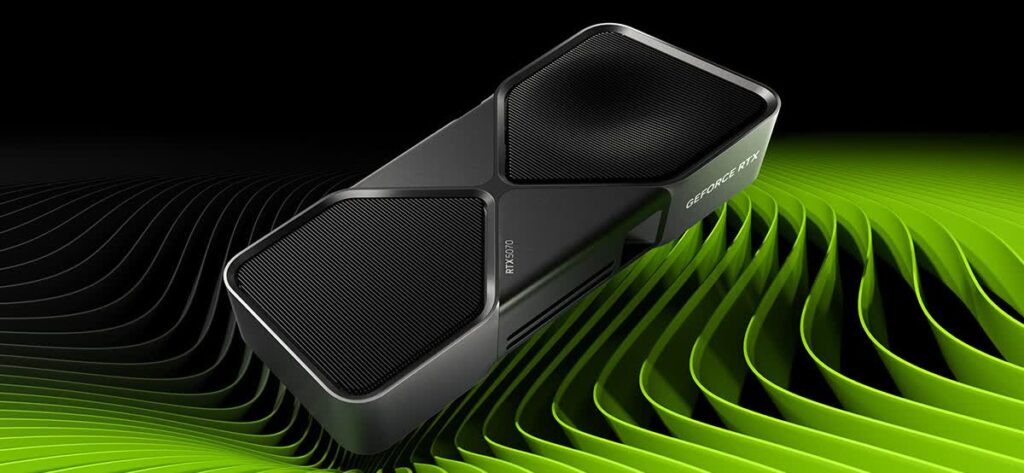 Nvidia GeForce RTX 5070 Founders Edition graphics card shown at an angle on a green background