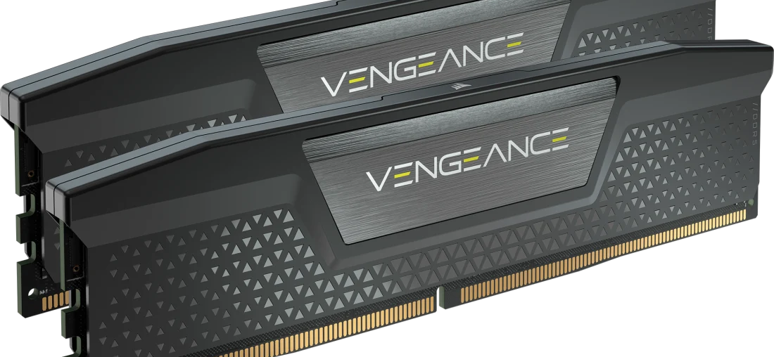 Two Corsair Vengeance DDR5 desktop RAM modules shown at an angle, gold contacts visible